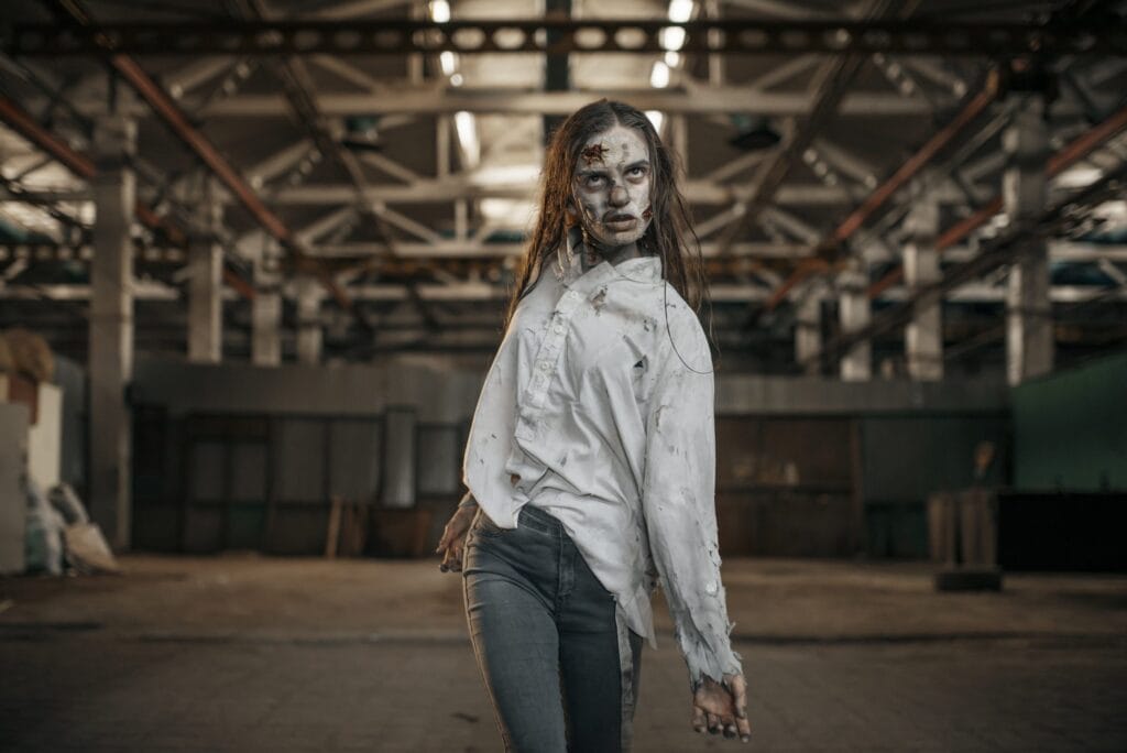 Female zombie walking in abandoned factory, horror
